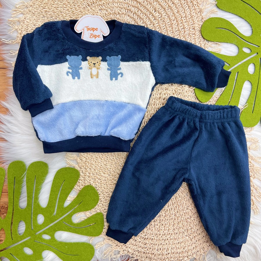 Conj. Casaco Tigre Baby e Calça de Pelinho - Marinho e Azul Jeans